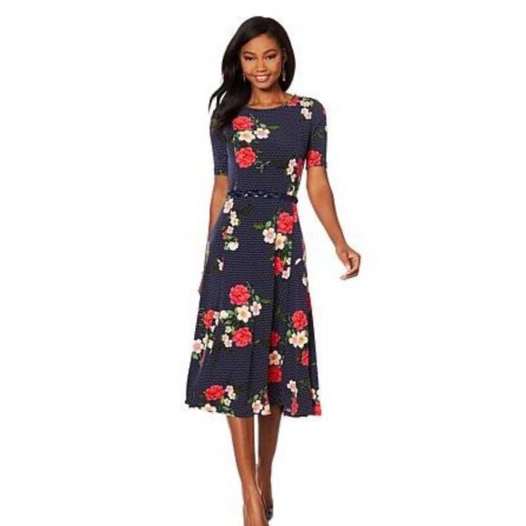 Nina Leonard Navy Polka Dot & Floral Midi Dress L - Picture 1 of 7